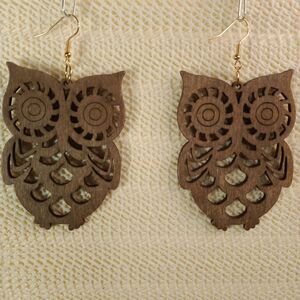BOHO BROWN WOODEN Bohemian Owl Drop Laser Cut 3.25" Earrings